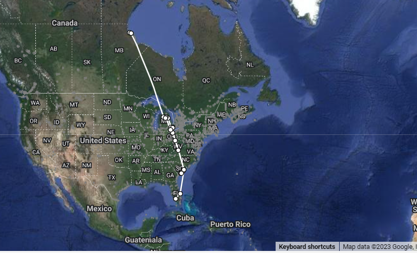 Graphic map showing track of bird from Canada to Florida.