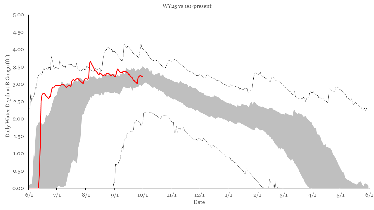 Graph shows water levels recorded at the Sanctuary over time