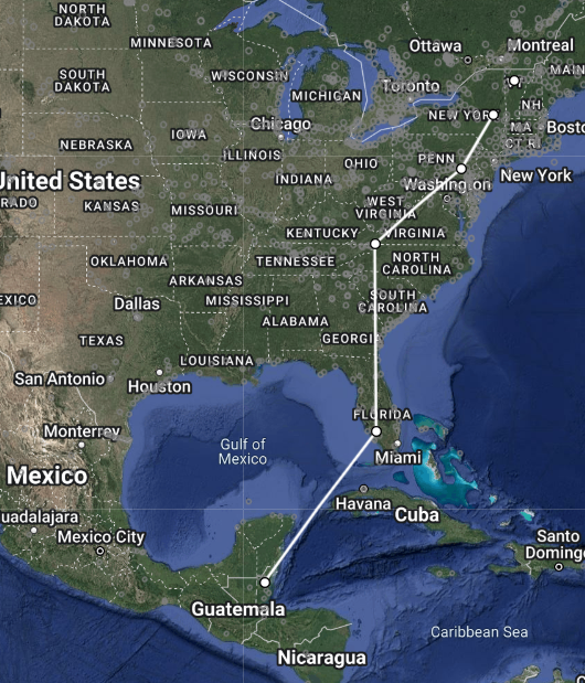 Screenshot showing a map of the eastern half of North America with a line tracing the bird's path from Vermont to Florida to Nicaragua.