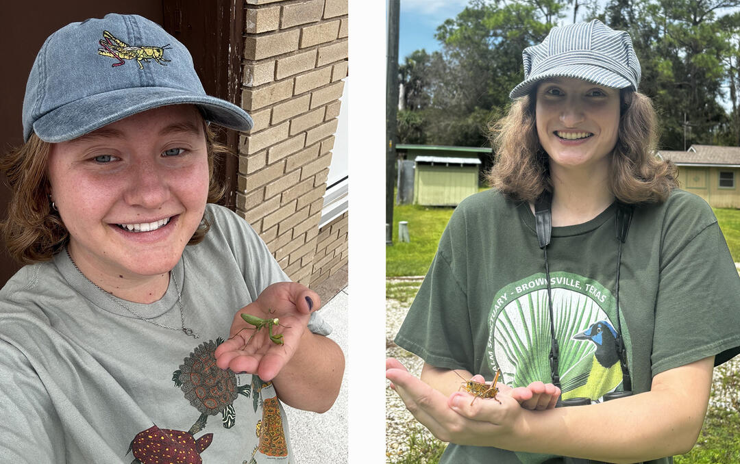 Two photos show young ladies posing for the camera, each with an insect in hand