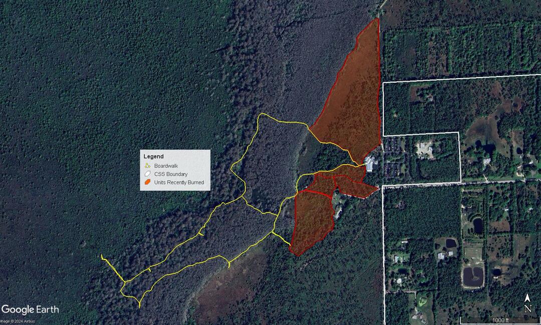 Graphic showing map of the sanctuary buildings and boardwalk with shaded area for areas recently burned.
