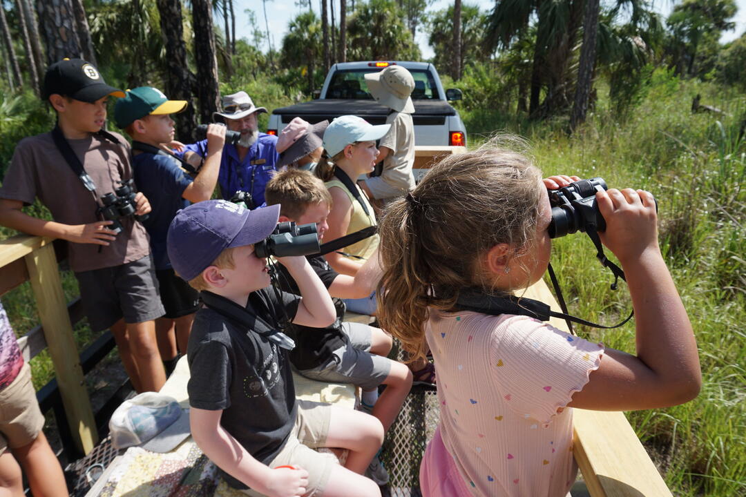 Students using binoculars to view wildlife. 