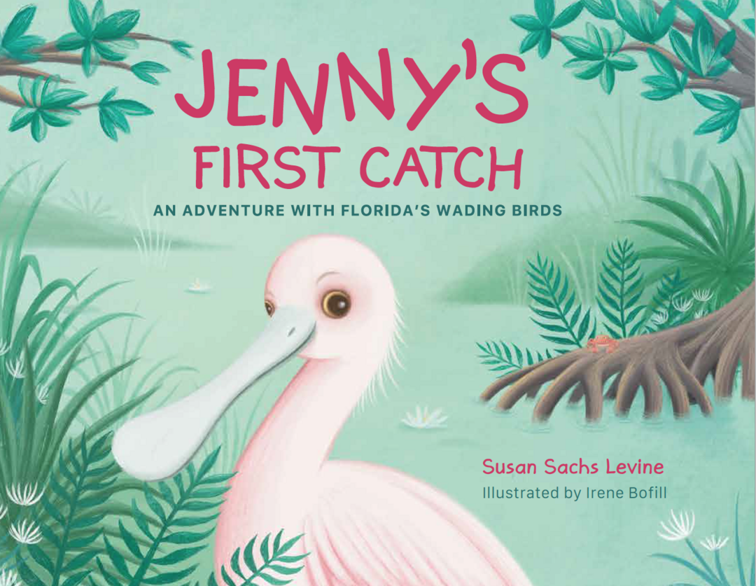 The cover of the book "Jenny's First Catch," featuring an illustrated young Roseate Spoonbill on a green background.